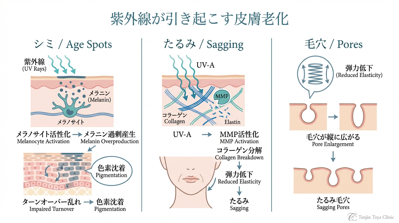 Tenjin Toya CliniC_皮膚科・美容皮膚科_シミたるみ毛穴メカニズム図