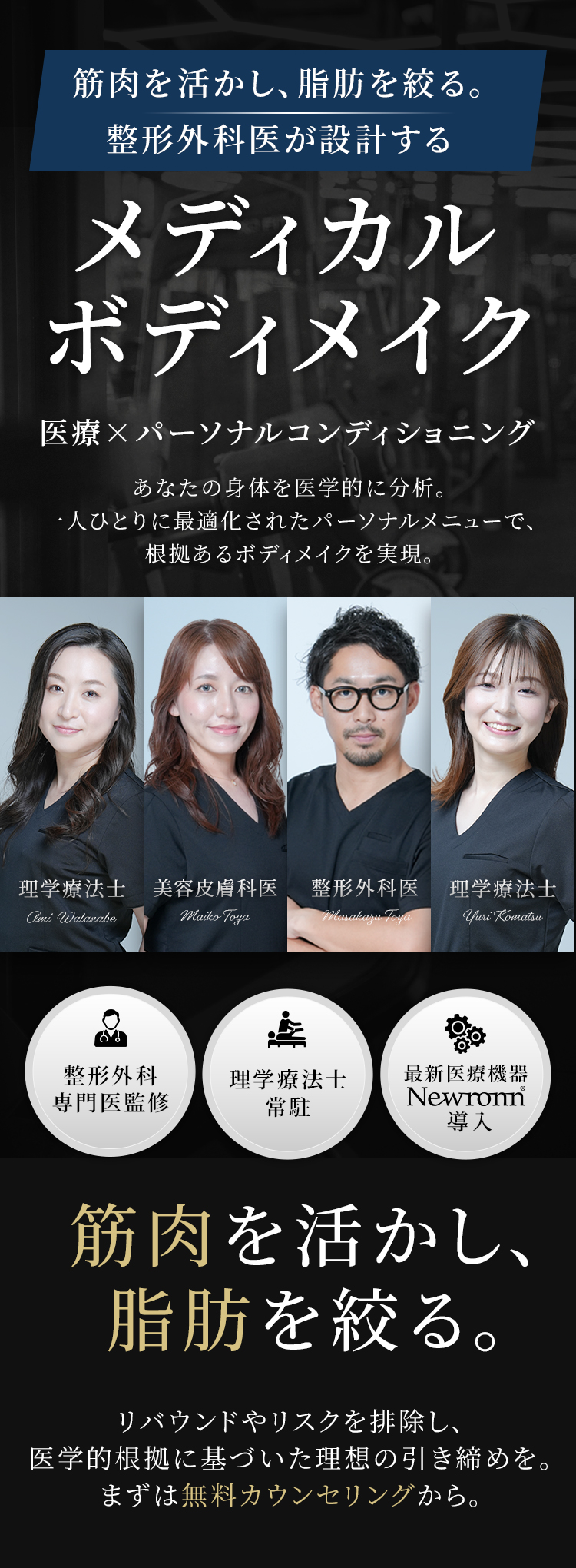 筋肉を活かし、脂肪を絞る。整形外科医が設計する 身体再構築プログラム 体重を減らすだけのダイエットは、もう終わり。リバウンドのリスクを排除し、医学的根拠に基づいた理想の引き締めを。