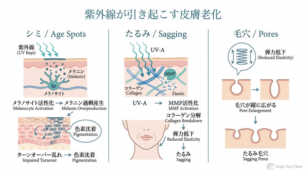 Tenjin Toya CliniC_皮膚科・美容皮膚科_シミたるみ毛穴メカニズム図